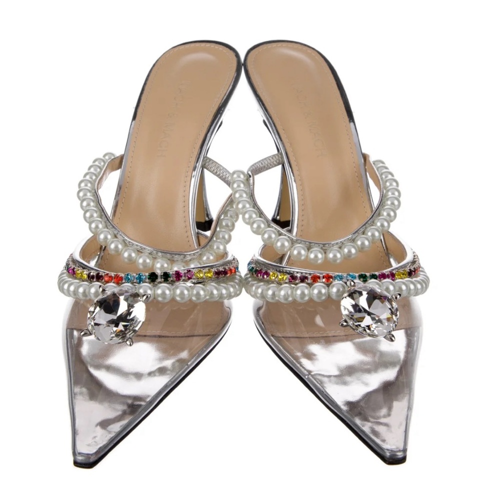 Mach & Mach Diamond of Elizabeth PVC Mules in Clear Silver Faux Pearl sz 38 8 US